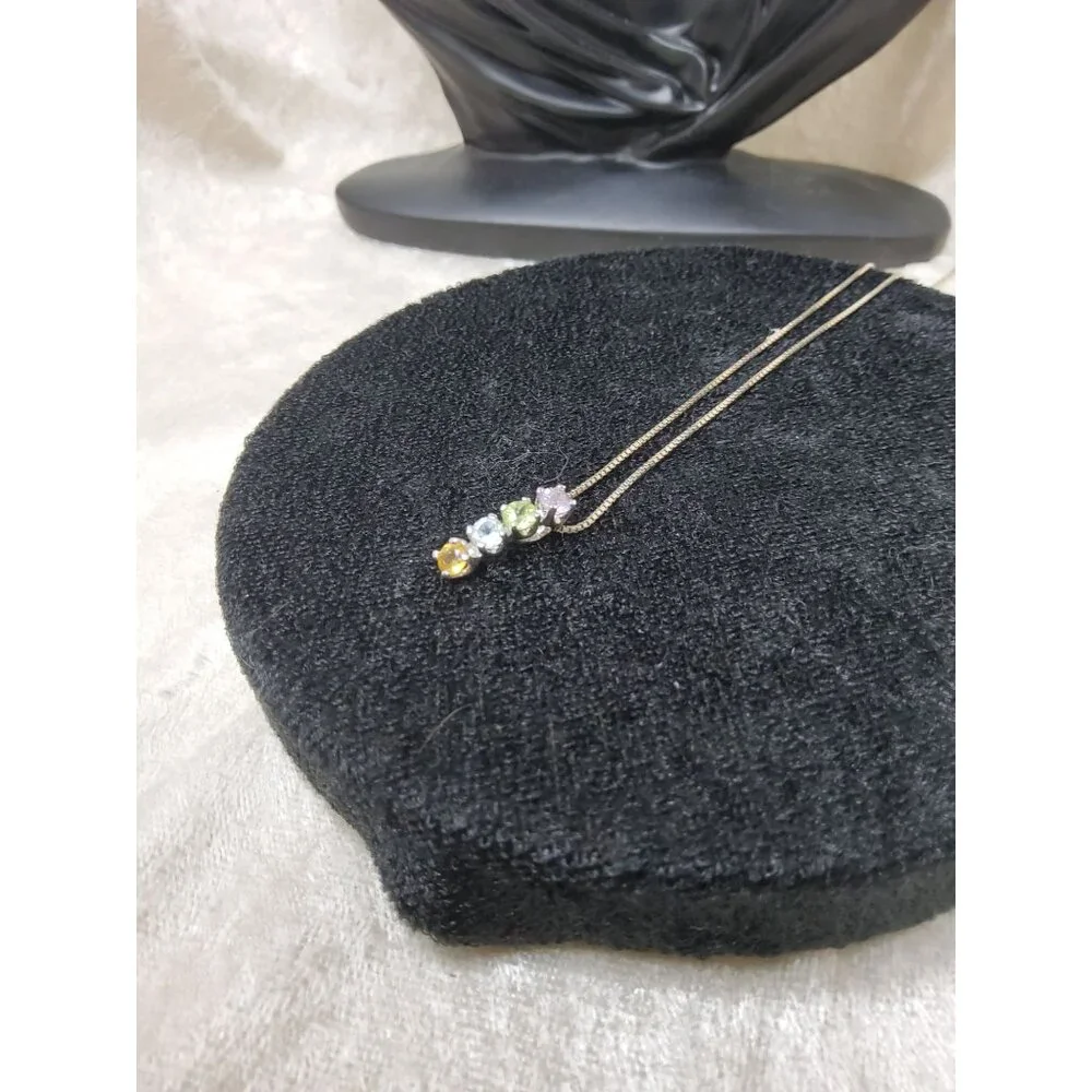 vintage ati sterling silver rainbow gemstones bar pendant necklace - Picture 5 of 6